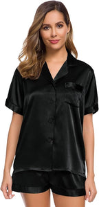 SWOMOG Womens Silk Satin Pajamas Set Short Sleeve Sleepwear Button Down Top and Shorts Loungewear 2 Piece Pjs Set XS-3XL