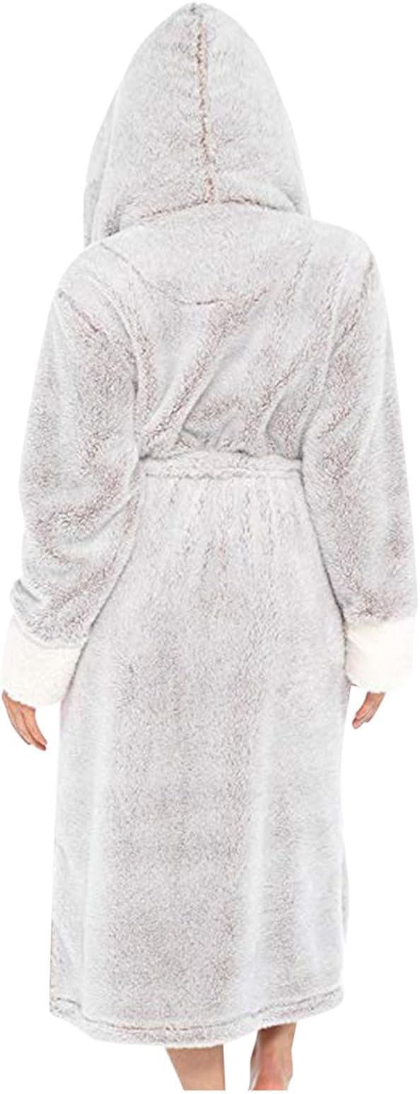 Fuzzy Plush Bathrobe Women Fashion Hooded Thicken Fleece Lined Warm Comfy Long Robe Flannel Loungewear