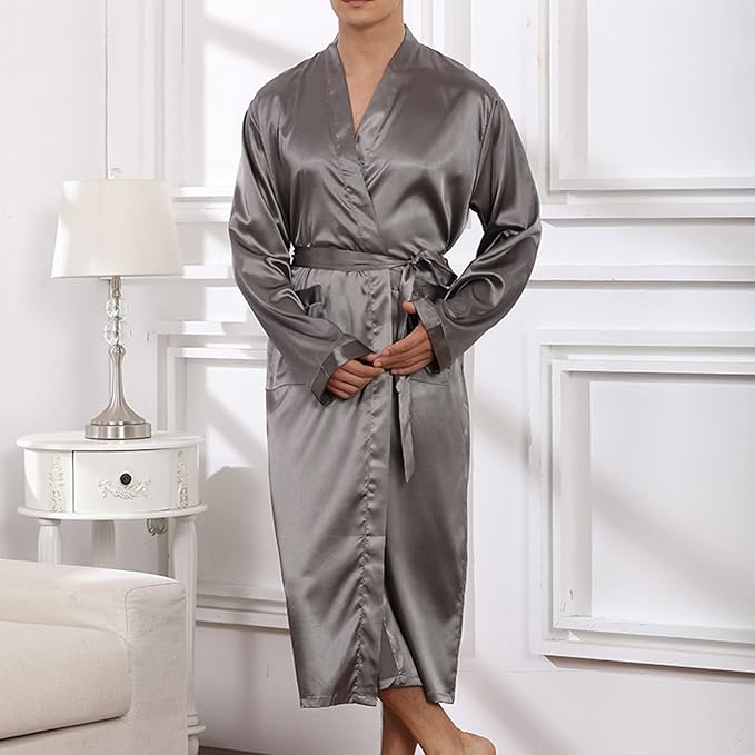 Men's Satin Robe Silky Bathrobe Soft Comfy Casual Bathrobe Fashion Comfy Solid Color Long Loungewear with Pocket