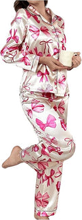 WDIRARA Women's 2 Piece Bowknot Print Satin Pajama Set Long Sleeve Button Down Lounge Pants Sleepwear Sets