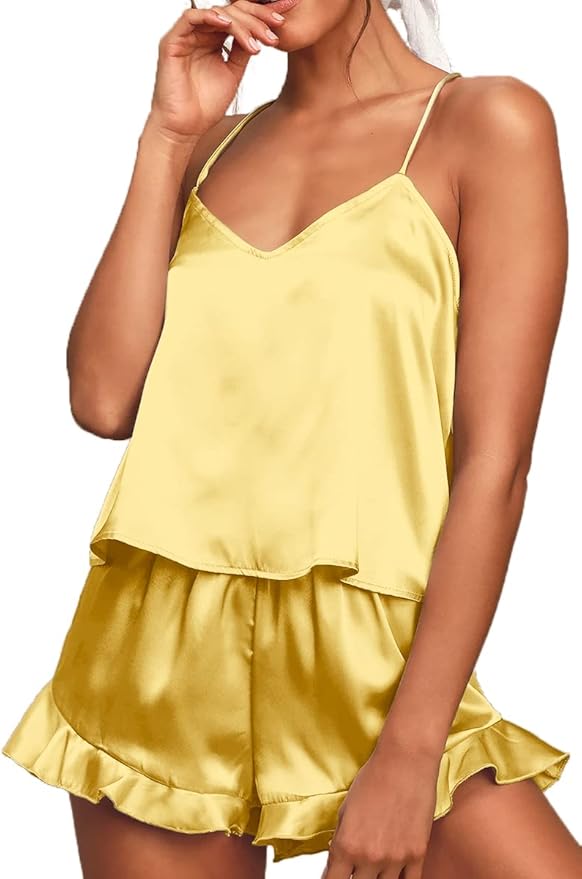 CHYRII Women's Sexy Silk Satin Ruffled Pajamas Sets Cami Shorts Sets Sleepwear