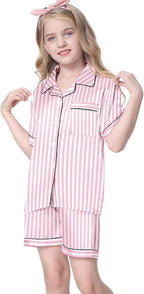 Umeyda Women & Girls Pajamas Set, Soft Satin Lightweight Silk Button-Down Top with Shorts 2 Piece PJS for Mom Boys Kids Gifts