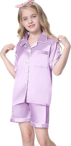 Umeyda Women & Girls Pajamas Set, Soft Satin Lightweight Silk Button-Down Top with Shorts 2 Piece PJS for Mom Boys Kids Gifts