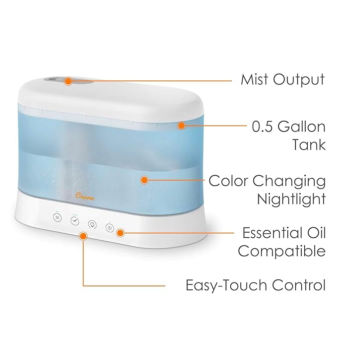 Crane 0.5 Gallon Top Fill Cool Mist Humidifier & Essential Oil Diffuser, Whisper-Quiet, 15-Hour Run Time, Night Light, Small Room Air Humidifier, Perfect For Office, Bedroom or Nursery