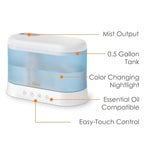Crane 0.5 Gallon Top Fill Cool Mist Humidifier & Essential Oil Diffuser, Whisper-Quiet, 15-Hour Run Time, Night Light, Small Room Air Humidifier, Perfect For Office, Bedroom or Nursery