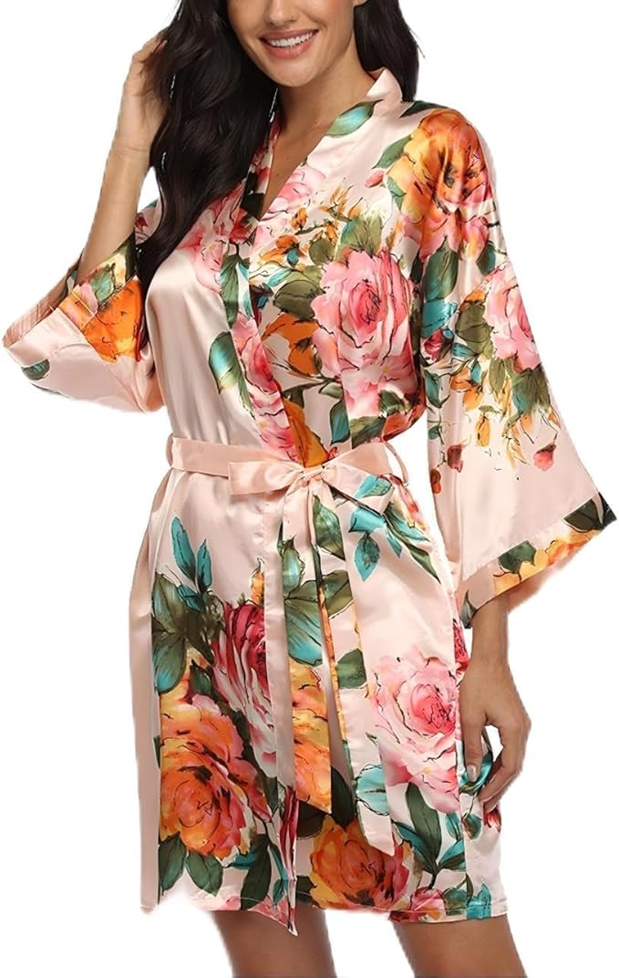 Floral Silk Robes for Women Kimono Satin Short Bath Robe Bridal Dressing Gown Bride Bridesmaids Lightweight Bathrobes