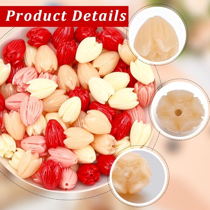 100Pcs 9x11mm 4 Colors Pikake Flower Beads 3D Floral Beads Summer Colorful Artificial Red Carved Jasmine Synthetic Coral Smooth Spacers Findings for Jewelry Making Bracelets Necklaces Adults