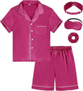 EPLAZA Kids Satin Pajamas Sets Girls Boys Button-Down Silky Pajamas Sleepwear with Hairband Eye Mask Hair Tie