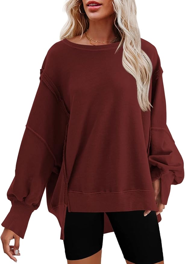 Nirovien Womens Oversized Crewneck Sweatshirt Side Slit Long Sleeve Pullover Slouchy Fit Tops