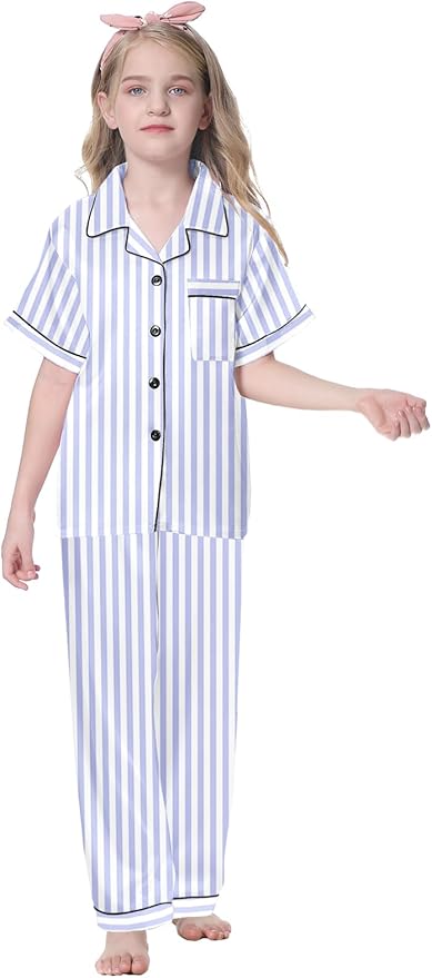 Umeyda Girls Womens Pajamas Set, Satin Silky Button Down Loungewear 2 Piece Short Sleeve Pants PJS Sets for Mommy Kids