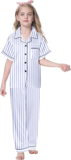 Umeyda Girls Womens Pajamas Set, Satin Silky Button Down Loungewear 2 Piece Short Sleeve Pants PJS Sets for Mommy Kids