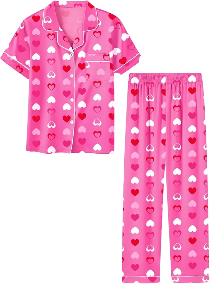 Umeyda Girls Womens Pajamas Set, Satin Silky Button Down Loungewear 2 Piece Short Sleeve Pants PJS Sets for Mommy Kids