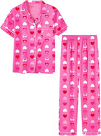 Umeyda Girls Womens Pajamas Set, Satin Silky Button Down Loungewear 2 Piece Short Sleeve Pants PJS Sets for Mommy Kids