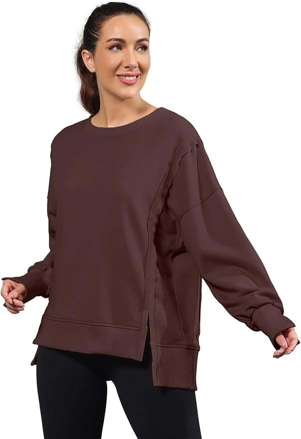 Nirovien Womens Oversized Crewneck Sweatshirt Side Slit Long Sleeve Pullover Slouchy Fit Tops