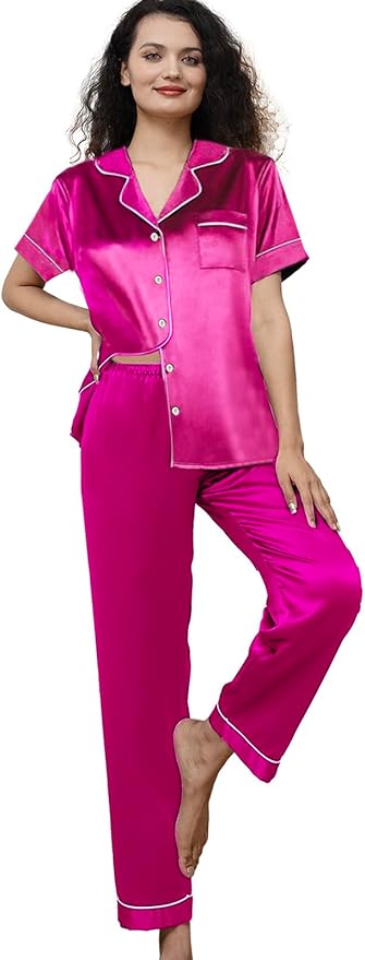 WJing Yi Jia Womens Pajamas Set XS-4XL Floral Silk Satin Pajama Sets Silky Pj Sets 2Pcs Loungewear Sleepwear Button Down Pjs
