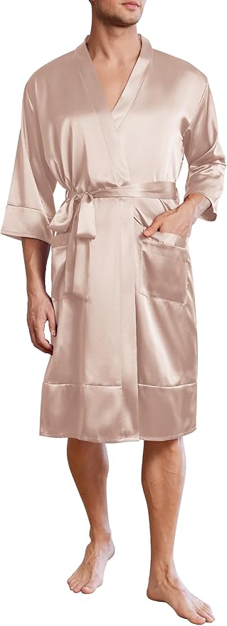 Ekouaer Mens Satin Robe Lightweight Silky Kimono Bathrobe 3/4 Sleeve Spa Knee Length Loungewear with Pockets S-3XL