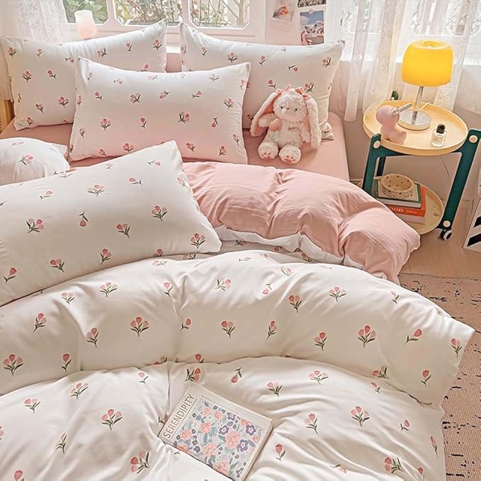 Nayoroom Pink Floral Duvet Cover Twin Size Coquette Tulip Printed on White Reversible Comforter Cover 2Pcs Kids Girls Cottagecore Bedding Set with Zipper Closure Soft Breathable Microfiber