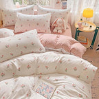 Nayoroom Pink Floral Duvet Cover Twin Size Coquette Tulip Printed on White Reversible Comforter Cover 2Pcs Kids Girls Cottagecore Bedding Set with Zipper Closure Soft Breathable Microfiber