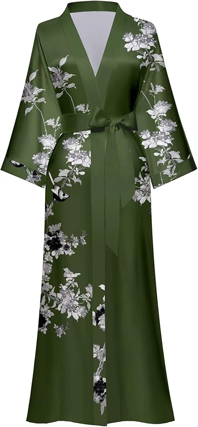 Kihnop Women's Floral Long Kimono Robe Long Satin Robe Long Silk Robe Ladies Kimonos Silky Bathrobe Cover Up, One Size