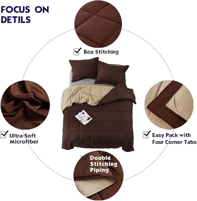HIG 3pc Down Alternative Comforter Set - All Season Reversible Comforter with Sham - Quilted Duvet Insert with Corner Tabs - Box Stitched - Super Soft, Fluffy (Twin/Twin XL, Chocolate)