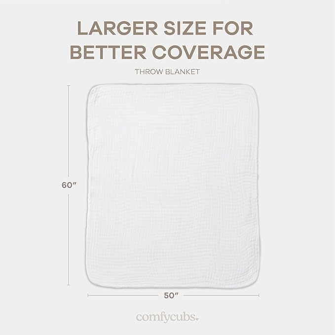 Comfy Cubs Muslin Throw Blanket - 50” x 60” Quilted Design - Lightweight, Breathable 6-Layer Gauze Fabric - Soft Cotton Blanket for Home or Travel - Packaged in Elegant Gift Box - White