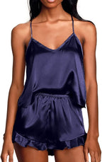 CHYRII Women's Sexy Silk Satin Ruffled Pajamas Sets Cami Shorts Sets Sleepwear