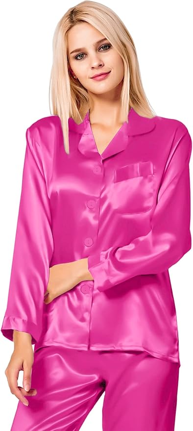 SWOMOG Long Sleeve Pajamas Set Silk Satin Sleepwear Button Down Pjs Loungewear with Pocket