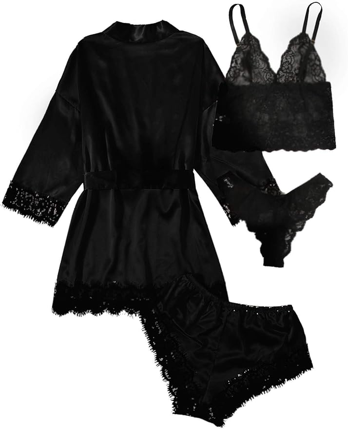 WDIRARA Women' Silk Satin Pajamas Set 4pcs Lingerie Floral Lace Cami Sleepwear with Robe
