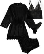 WDIRARA Women' Silk Satin Pajamas Set 4pcs Lingerie Floral Lace Cami Sleepwear with Robe