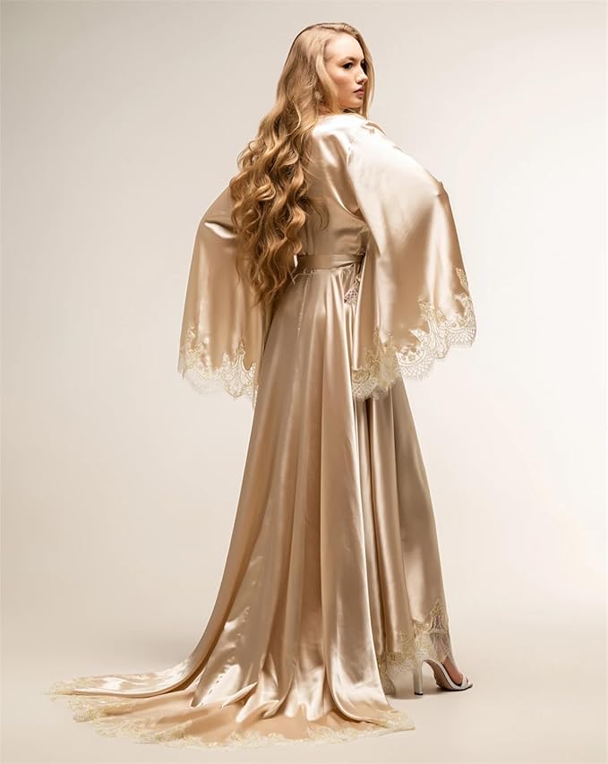 BATHGOWN Women's Satin Robe Black Silk Kimono Bride Robe for Wedding Day Lightweight Long Lace Loungewear Sleepwear