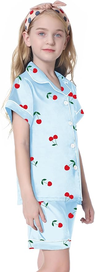Umeyda Women & Girls Pajamas Set, Soft Satin Lightweight Silk Button-Down Top with Shorts 2 Piece PJS for Mom Boys Kids Gifts
