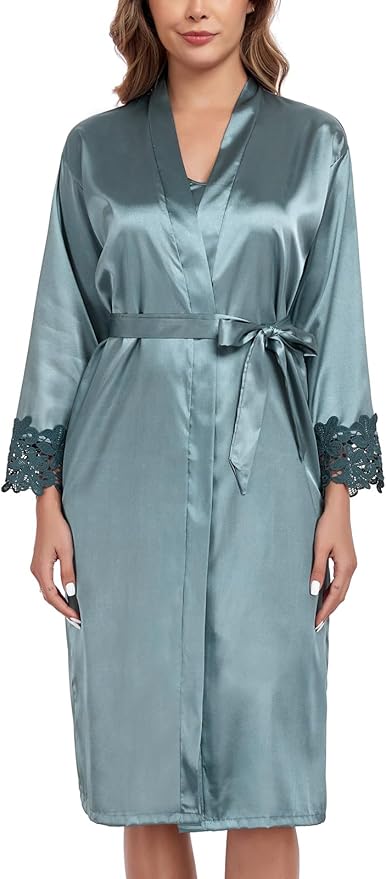 BestWendding Women's Silk Robe Set 2 Pieces Pajamas Sets Sexy Soft Satin Robe with V Neck Camisole Lingerie Nightgown