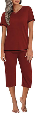Ekouaer Women's Sleepwear Capri Pajama Sets Short Sleeve Two-Piece Pjs V Neck Tops & Capri Pants with Pockets S-3XL
