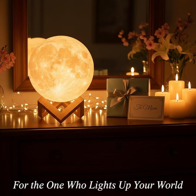 Mydethun Moon Lamp - 4.7' Gifts for Women, 3D Printed LED Night Light w/Wooden Base, Birthday Gifts for Mom, Wife, Girlfriend, Dual Color Touch-Dimmable Wedding Decor, White & Yellow