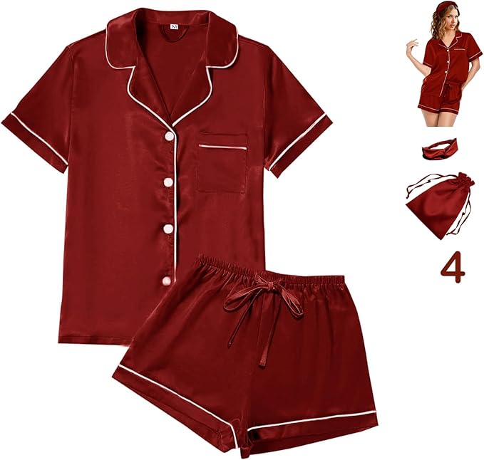 WJing Yi Jia 4Pcs Womens Satin Silky Pajama Sets Short Sleeve Shirt XS-4XL Floral Pajamas Set Soft PJ Loungewear Sleepwear