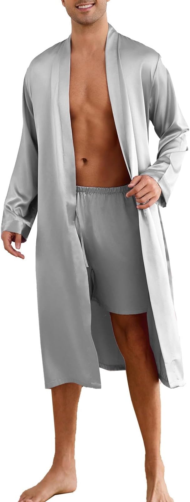 ZUEVI Men's Kimono Robe Set Silk Satin Long Sleeve Bathrobe with Shorts 2 PCS Sleepwear Pjs Sets