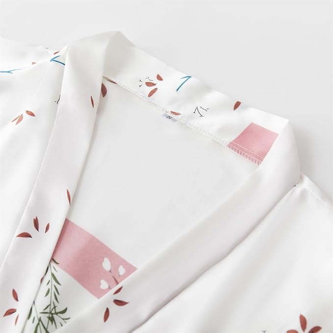 Valennia Women Long Silky Bathrobe Satin Kimono Robe Floral Printed Dressing Gown Sleepwear