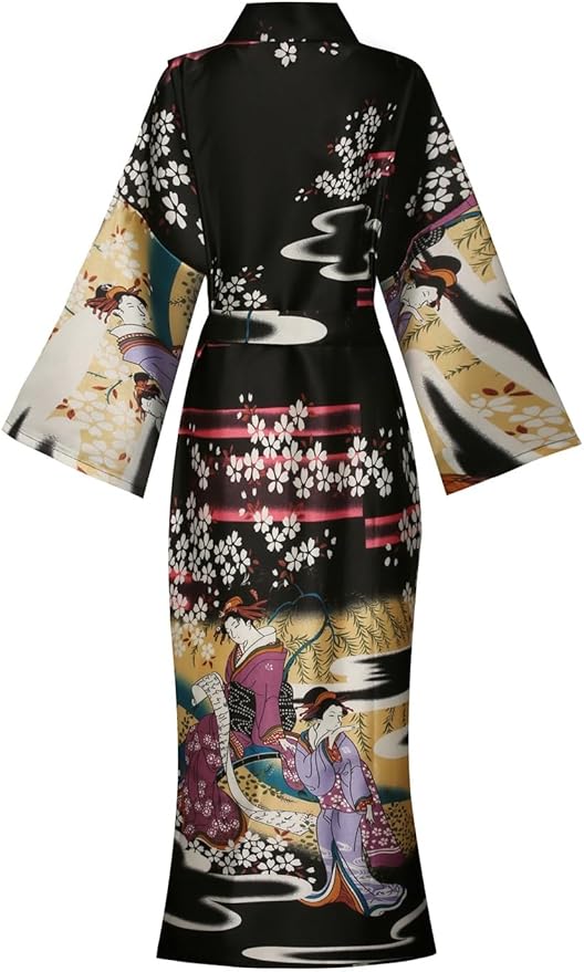 Valennia Women Long Silky Bathrobe Satin Kimono Robe Floral Printed Dressing Gown Sleepwear