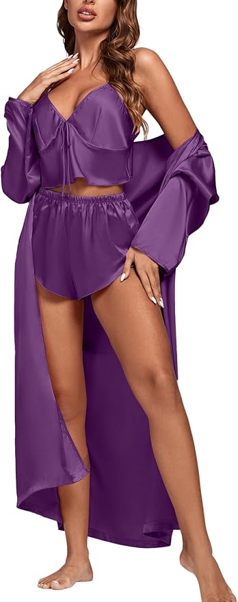 OPOIPIN Women's 3 Piece Pajama Set Sexy Cami Top and Shorts with Robe Sleepwear Loungewear Set