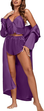 OPOIPIN Women's 3 Piece Pajama Set Sexy Cami Top and Shorts with Robe Sleepwear Loungewear Set