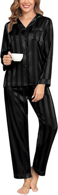 SWOMOG Womens Silk Satin Pajamas Set Long Sleeve Button Down Sleepwear 2 Piece Lounge Set Pj Set XS-3XL