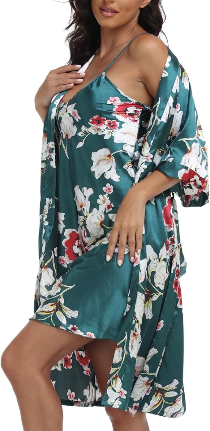 Women's Satin Robe Sets 2 Piece Nightgown Silk Pajama Sexy Floral Lingerie Lace Cami Sleepwear Night Robes