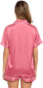 LecGee Womens Silk Satin Pajamas Short Sleeve Loungewear Two-Piece Sleepwear Button-Down Pj Set