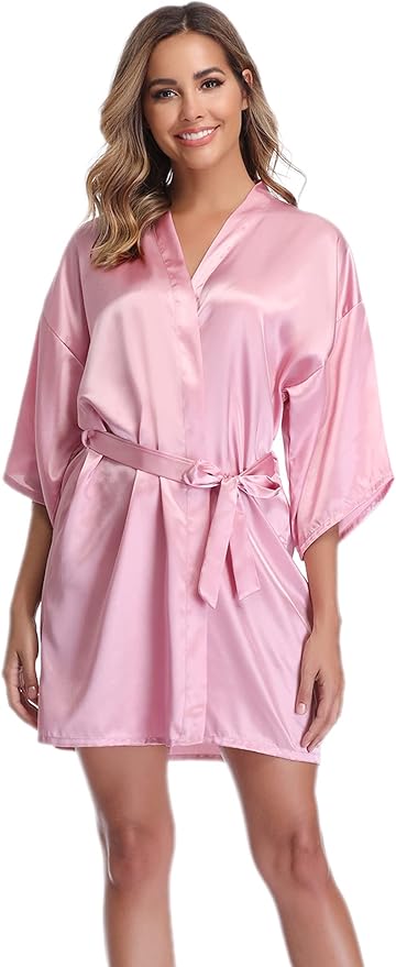 Vlazom Womens Kimono Robes Dressing Gown Satin Bathrobe Nightdress Short Style Bridal Robe
