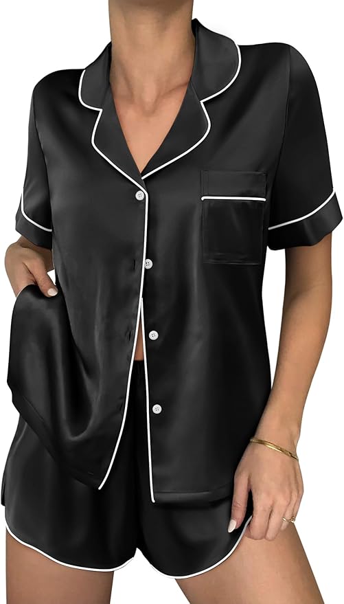 Ekouaer Womens Silk Satin Pajama Sets 2 Piece Button Down Silk Pjs Shorts Sets Cute Print Short Sleeve Sleepwear S-4XL