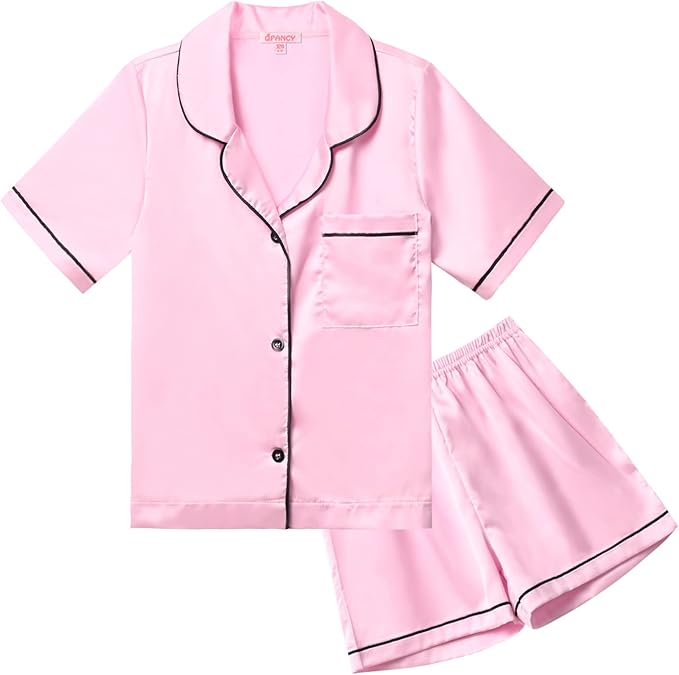 QPANCY Kids Satin Pajamas Sets Baby Boy Girl Button-Down Silk Sleepwear 2 Piece Short Sleeve Loungewear Clothes Set