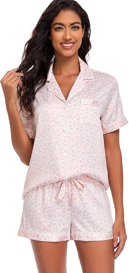 Serenedelicacy Women's Satin Pajama Set 2-Piece Sleepwear Loungewear Button Down Short Sleeve Silky PJ Set