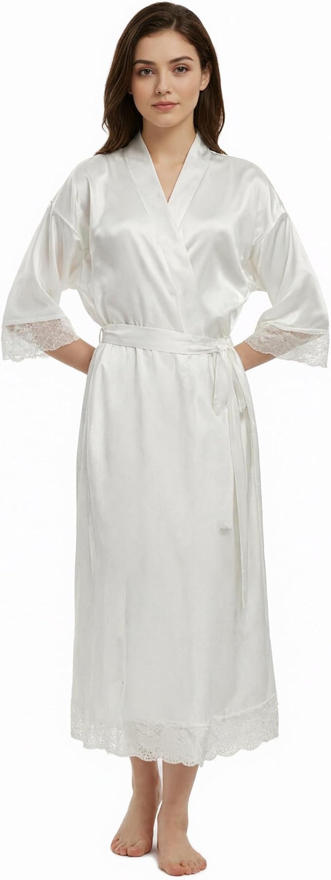 Long Satin Robes for Women Ankle Length Kimono Robes Silky Bridal Party Robes with Lace Trim Bridesmaid Loungewear Sleepwear