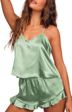Ekouaer Satin Pajama Set for Women Silk Pjs for Women Set Camisole Top and Shorts with Ruffle Sleepwear