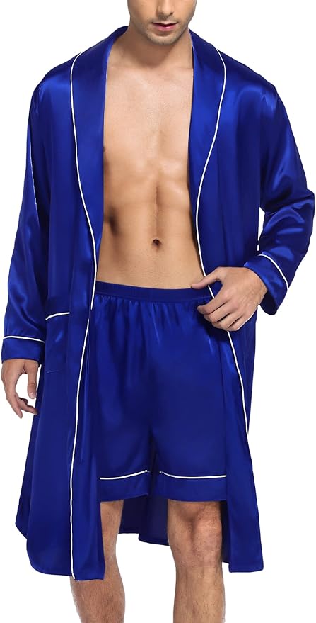 SWOMOG Men's Satin Robe Silky Kimono Bathrobe with Shorts Set Lightweight Soft Loungewear Nightwear